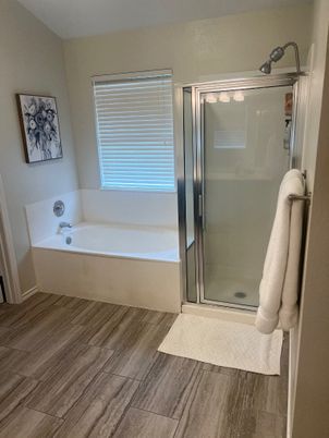 Bathroom, Glass Shower, Interior, Wood Texture Flooring