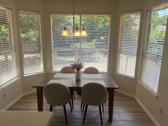 Dining room, Interior, Pendant Lights, Wood Texture Flooring