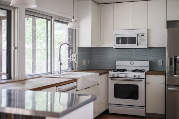 Interior, Kitchen, Pendant Lights, Stainless Steel Appliances, Wood Texture Flooring