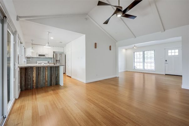 Empty room, Interior, Kitchen, Pendant Lights, Wood Texture Flooring