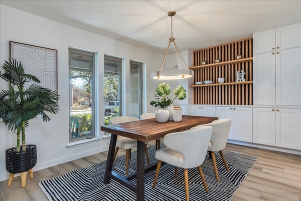 Dining room, Interior, Pendant Lights, Wood Texture Flooring