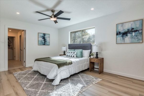 Bedroom, Interior, Recessed Lighting, Wood Texture Flooring