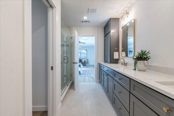 Bathroom, Dual Sink Vanities, Glass Shower, Interior, Recessed Lighting