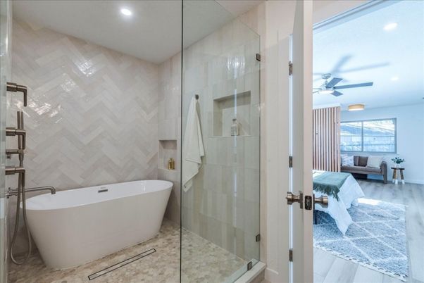 Bathroom, Bedroom, Free Standing Baths, Glass Shower, Interior, Recessed Lighting, Wood Texture Flooring