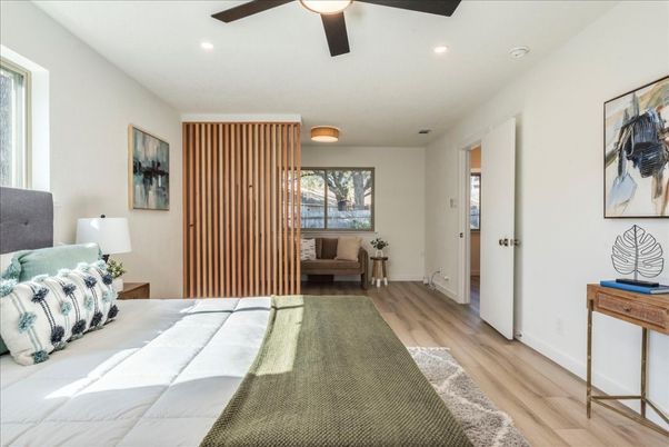 Bedroom, Interior, Recessed Lighting, Wood Texture Flooring