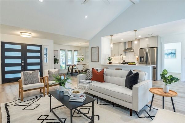 Dining room, Interior, Kitchen, Living room, Pendant Lights, Recessed Lighting, Stainless Steel Appliances, Wood Texture Flooring