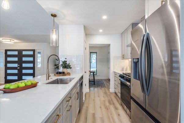 Interior, Kitchen, Pendant Lights, Recessed Lighting, Stainless Steel Appliances, Wood Texture Flooring