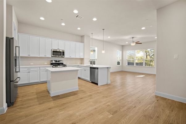 Interior, Kitchen, Pendant Lights, Recessed Lighting, Stainless Steel Appliances, Wood Texture Flooring
