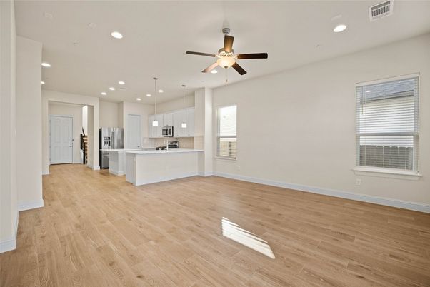 Empty room, Interior, Kitchen, Pendant Lights, Recessed Lighting, Wood Texture Flooring