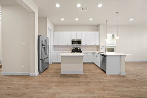Interior, Kitchen, Pendant Lights, Recessed Lighting, Stainless Steel Appliances, Wood Texture Flooring