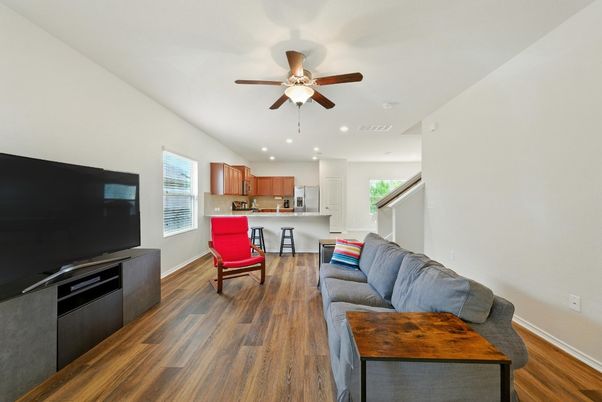 Interior, Kitchen, Living room, Recessed Lighting, Wood Texture Flooring