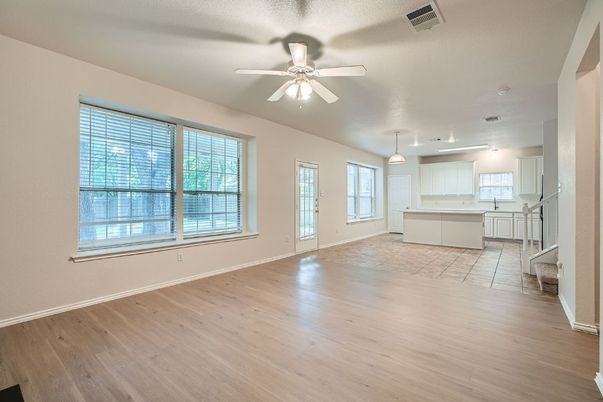 Empty room, Interior, Kitchen, Pendant Lights, Wood Texture Flooring
