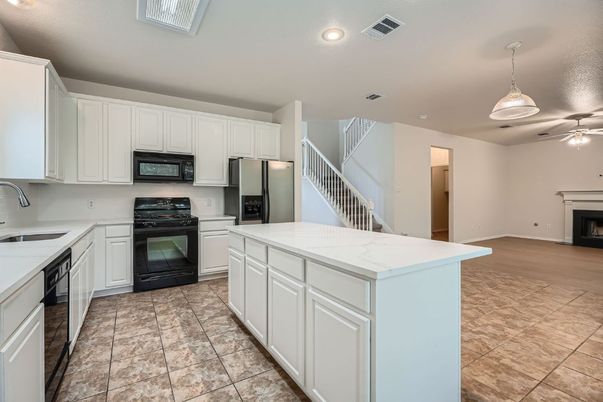Fireplace, Interior, Kitchen, Pendant Lights, Recessed Lighting, Wood Texture Flooring