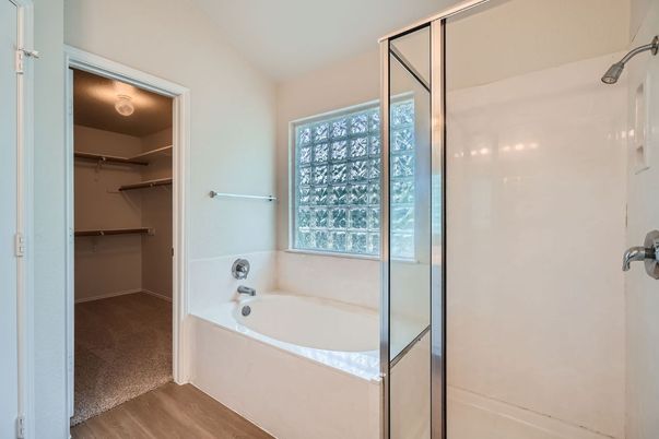 Bathroom, Glass Shower, Interior, Wood Texture Flooring