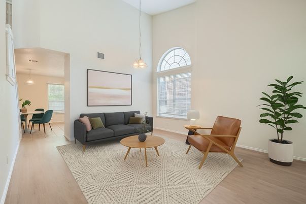 Dining room, Interior, Living room, Pendant Lights, Wood Texture Flooring
