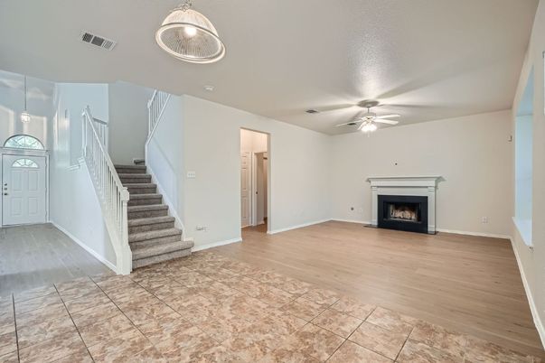 Empty room, Fireplace, Interior, Pendant Lights, Wood Texture Flooring