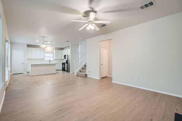 Empty room, Interior, Kitchen, Pendant Lights, Wood Texture Flooring