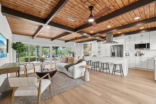Interior, Kitchen, Living room, Pendant Lights, Recessed Lighting, Stainless Steel Appliances, Wooden Beams, Wooden Ceilings, Wood Texture Flooring