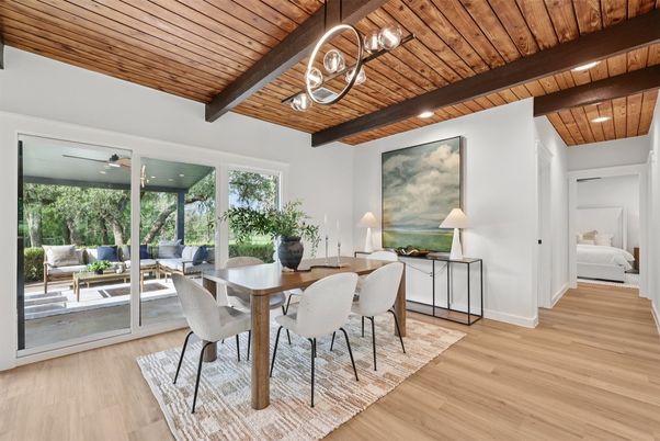 Dining room, Interior, Recessed Lighting, Wooden Beams, Wooden Ceilings, Wood Texture Flooring