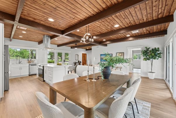 Dining room, Interior, Kitchen, Pendant Lights, Recessed Lighting, Wooden Beams, Wooden Ceilings, Wood Texture Flooring