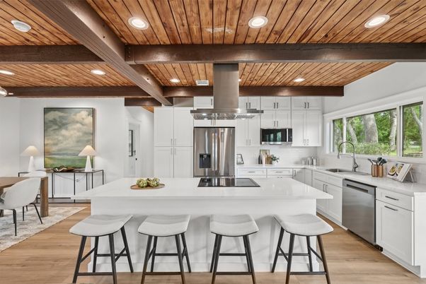 Interior, Kitchen, Recessed Lighting, Stainless Steel Appliances, Wooden Beams, Wooden Ceilings, Wood Texture Flooring