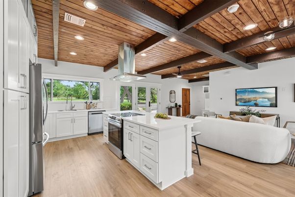 Interior, Kitchen, Living room, Recessed Lighting, Stainless Steel Appliances, Wooden Beams, Wooden Ceilings, Wood Texture Flooring