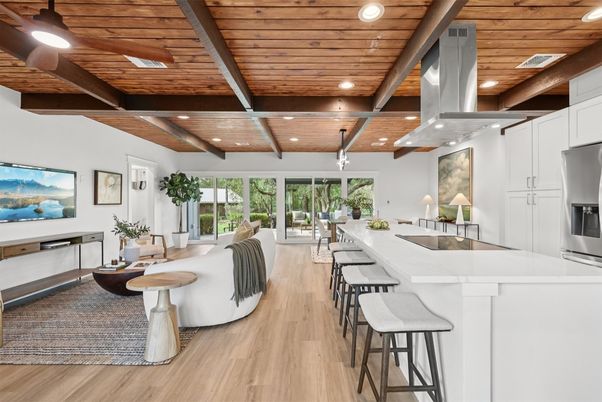 Interior, Kitchen, Living room, Recessed Lighting, Stainless Steel Appliances, Wooden Beams, Wooden Ceilings, Wood Texture Flooring