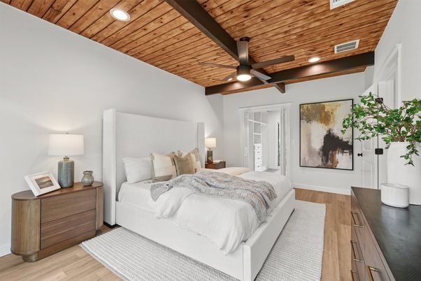 Bedroom, Interior, Recessed Lighting, Wooden Beams, Wooden Ceilings, Wood Texture Flooring
