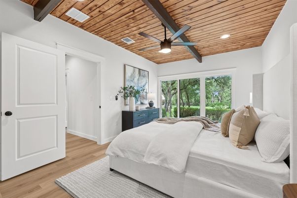 Bedroom, Interior, Recessed Lighting, Wooden Beams, Wooden Ceilings, Wood Texture Flooring