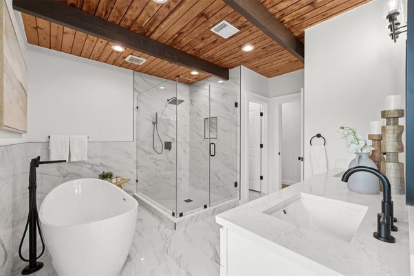 Bathroom, Free Standing Baths, Glass Shower, Interior, Marble, Marble Walls, Recessed Lighting, Wooden Beams, Wooden Ceilings