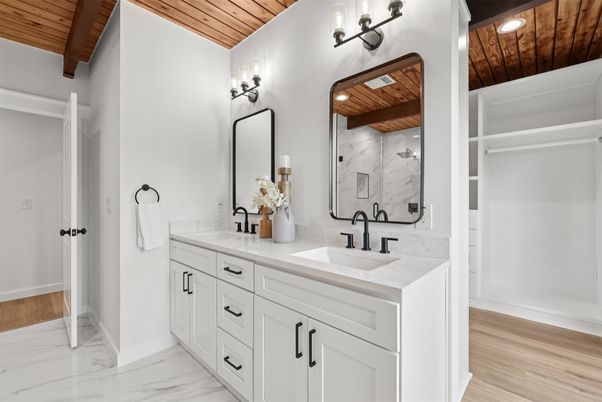Bathroom, Dual Sink Vanities, Interior, Marble, Marble Walls, Recessed Lighting, Wooden Beams, Wooden Ceilings, Wood Texture Flooring