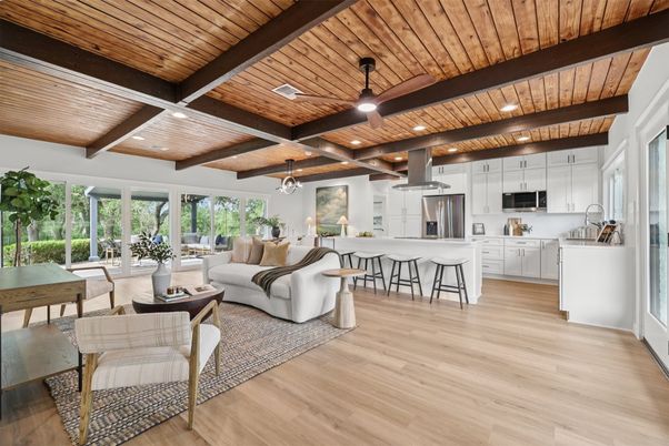 Interior, Kitchen, Living room, Pendant Lights, Recessed Lighting, Stainless Steel Appliances, Wooden Beams, Wooden Ceilings, Wood Texture Flooring