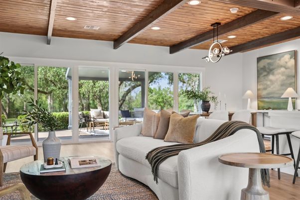 Interior, Living room, Pendant Lights, Recessed Lighting, Wooden Beams, Wooden Ceilings, Wood Texture Flooring