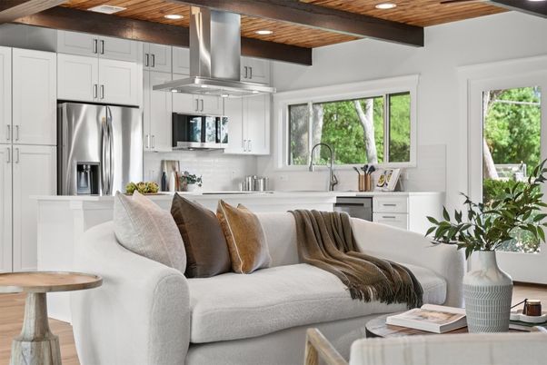 Interior, Kitchen, Living room, Recessed Lighting, Stainless Steel Appliances, Wooden Beams, Wooden Ceilings, Wood Texture Flooring