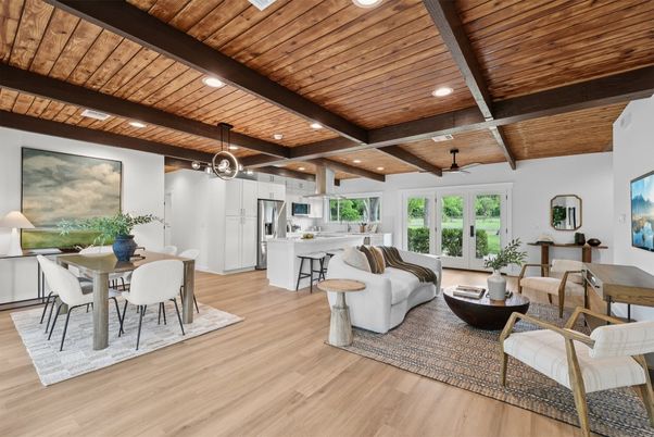 Dining room, Interior, Kitchen, Living room, Pendant Lights, Recessed Lighting, Wooden Beams, Wooden Ceilings, Wood Texture Flooring