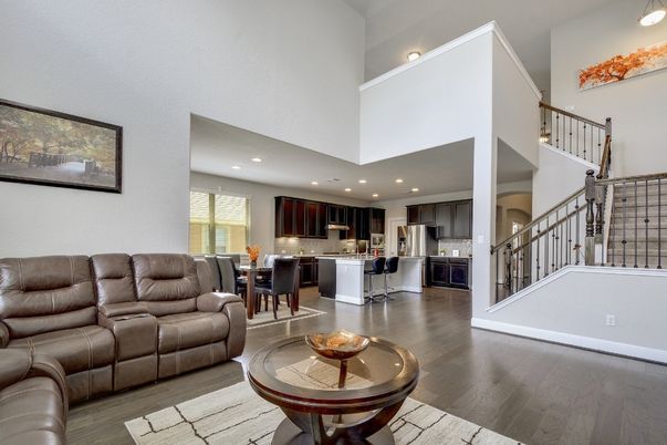 Dining room, Interior, Kitchen, Living room, Recessed Lighting, Stainless Steel Appliances, Wood Texture Flooring