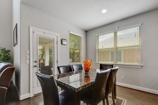 Dining room, Interior, Recessed Lighting, Wood Texture Flooring