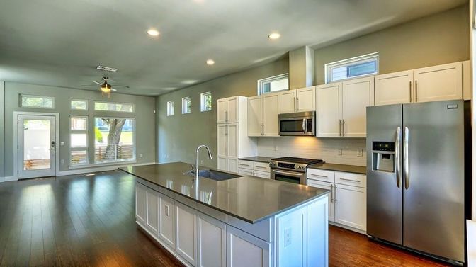 Interior, Kitchen, Recessed Lighting, Stainless Steel Appliances, Wood Texture Flooring
