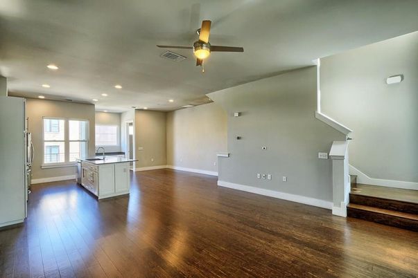 Empty room, Interior, Kitchen, Recessed Lighting, Wood Texture Flooring
