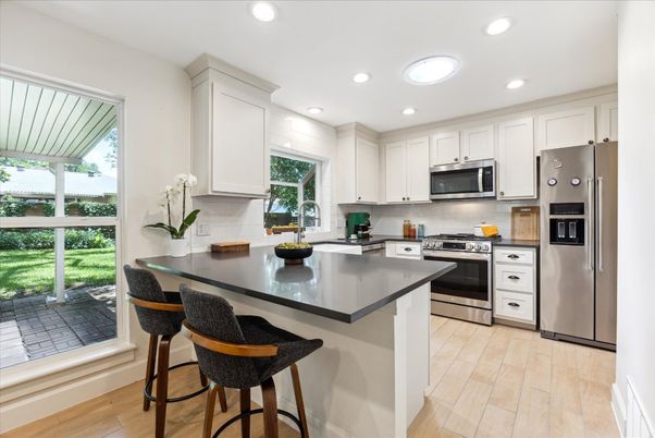 Interior, Kitchen, Recessed Lighting, Stainless Steel Appliances, Wood Texture Flooring