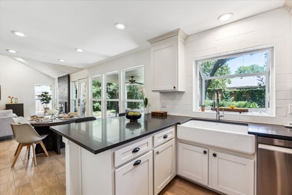 Dining room, Interior, Kitchen, Recessed Lighting, Stainless Steel Appliances, Wood Texture Flooring