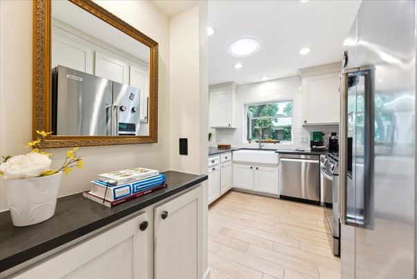 Interior, Kitchen, Recessed Lighting, Stainless Steel Appliances, Wood Texture Flooring