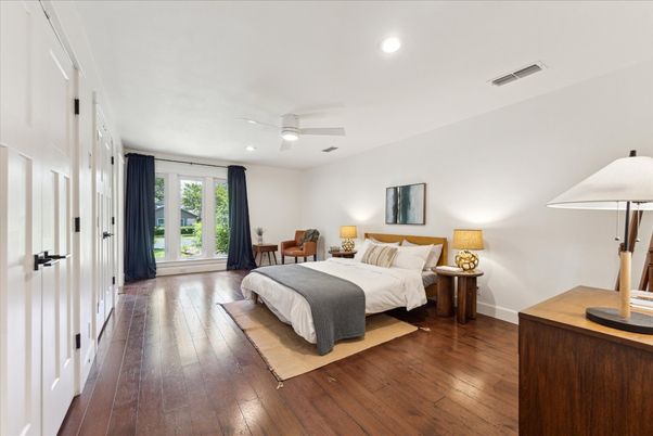 Bedroom, Interior, Recessed Lighting, Wood Texture Flooring