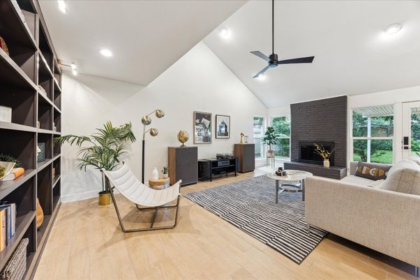 Fireplace, Interior, Living room, Recessed Lighting, Wood Texture Flooring