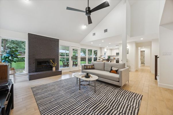 Fireplace, Interior, Kitchen, Living room, Recessed Lighting, Wood Texture Flooring