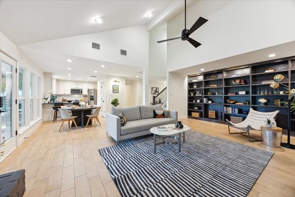 Dining room, Interior, Kitchen, Living room, Recessed Lighting, Stainless Steel Appliances, Wood Texture Flooring