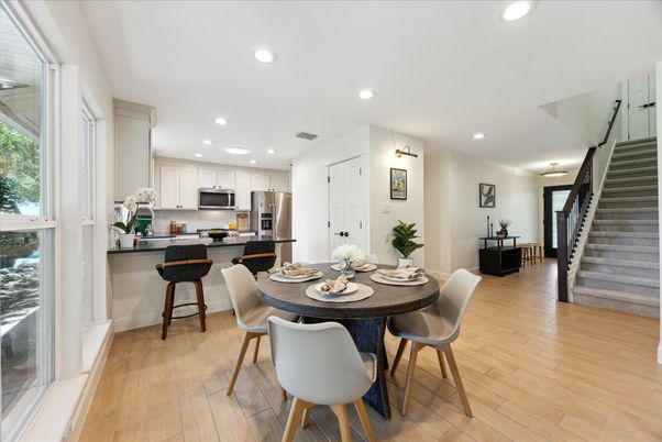 Dining room, Interior, Kitchen, Recessed Lighting, Stainless Steel Appliances, Wood Texture Flooring