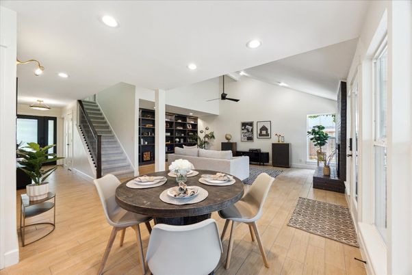 Dining room, Interior, Living room, Recessed Lighting, Wood Texture Flooring