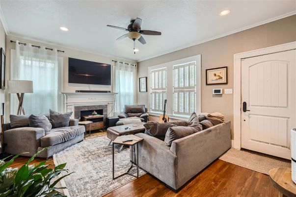 Fireplace, Interior, Living room, Recessed Lighting, Wood Texture Flooring