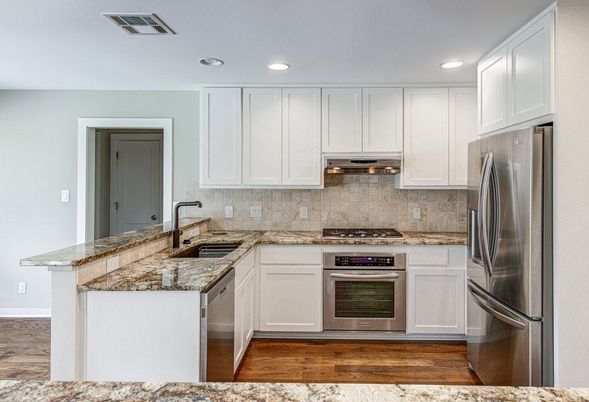 Interior, Kitchen, Recessed Lighting, Stainless Steel Appliances, Wood Texture Flooring